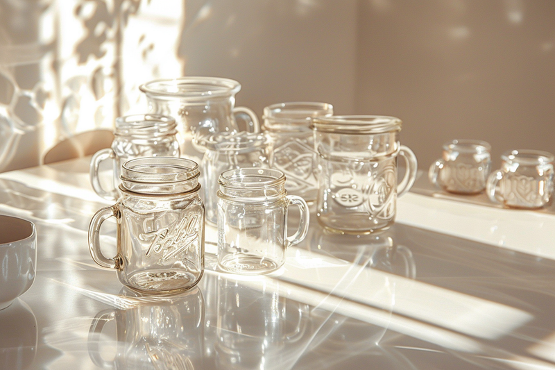 Collection de bocaux en verre transparents disposés sur une table lumineuse, baignée par une douce lumière dorée.