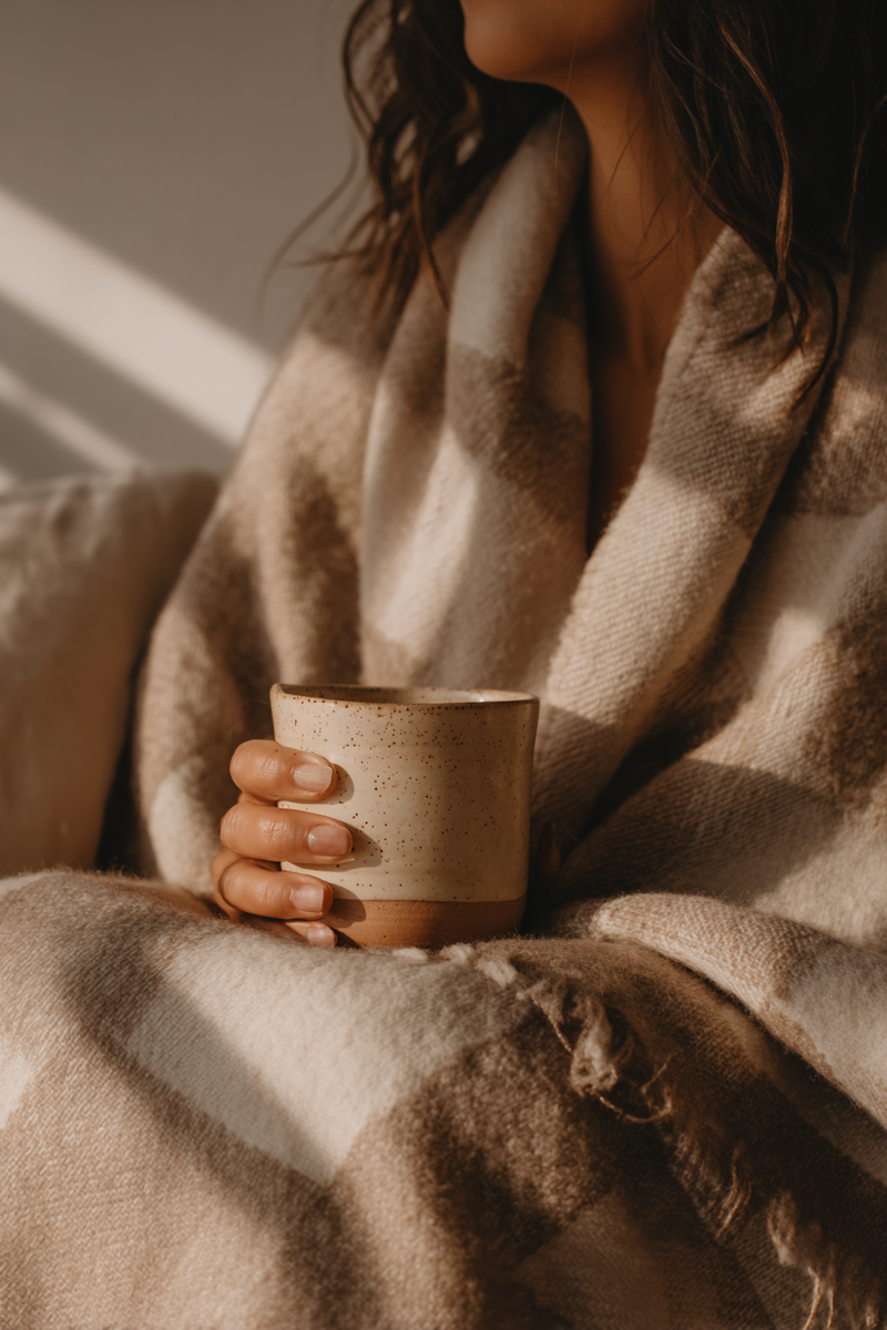 Femme emmitouflée dans une couverture beige tenant une tasse en céramique, dans une lumière douce et chaleureuse.