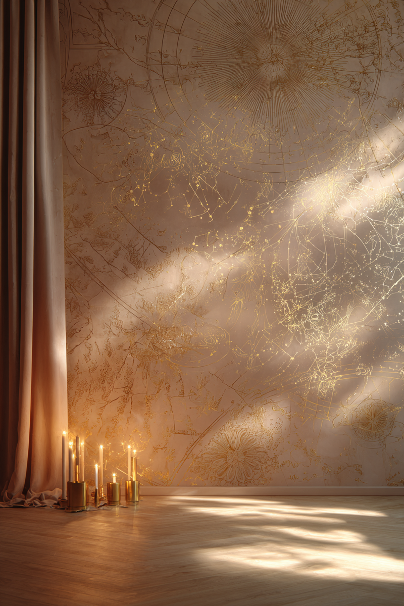 Mur doré orné de constellations célestes illuminé par un rayon de lumière, avec des bougies allumées posées au sol près d’un rideau beige.