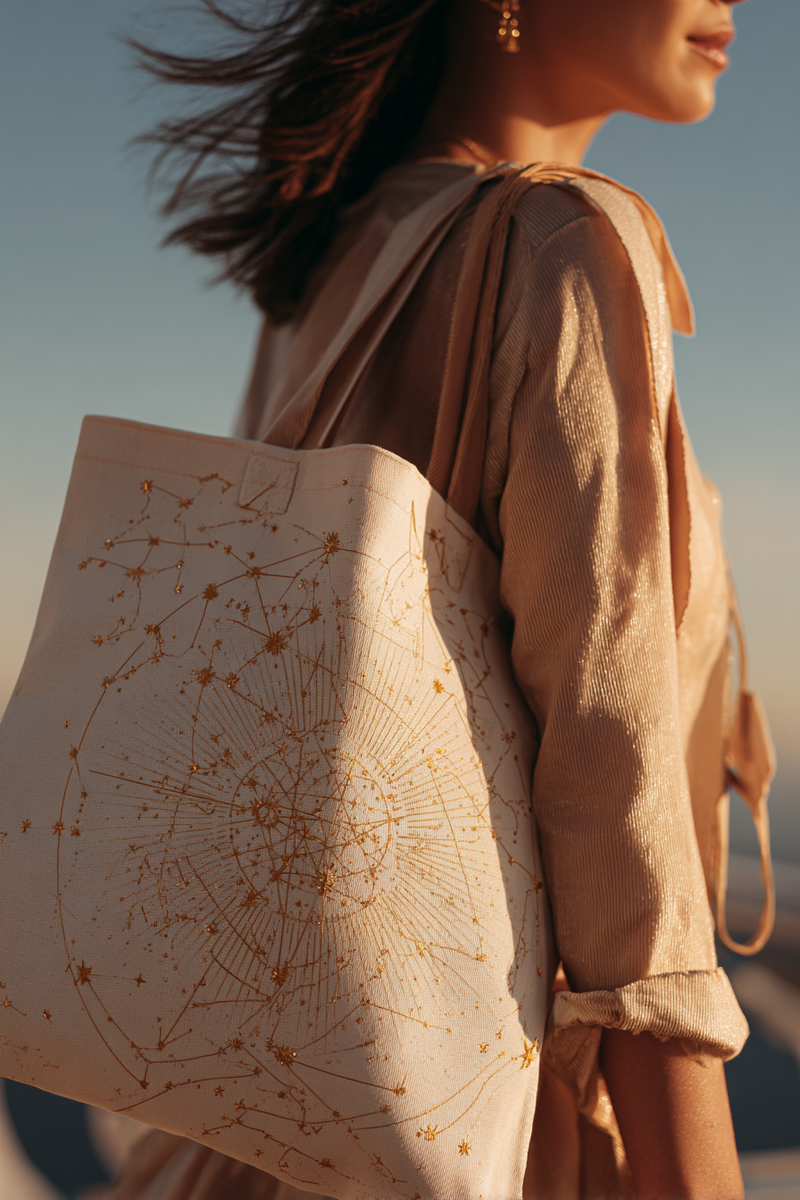 Femme portant un tote bag beige orné de constellations dorées, éclairée par la lumière douce du coucher de soleil.