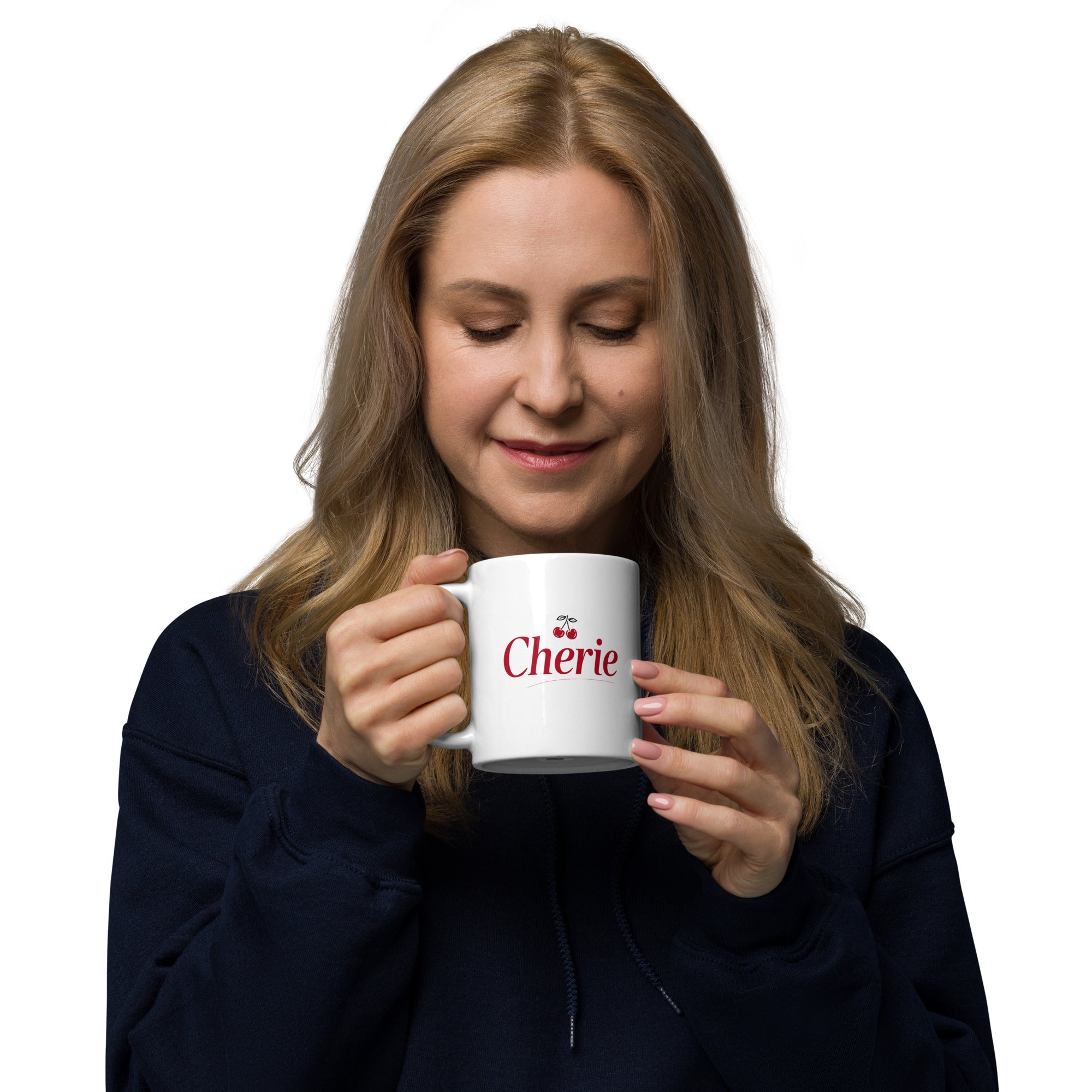 woman holding Chérie white glossy mug