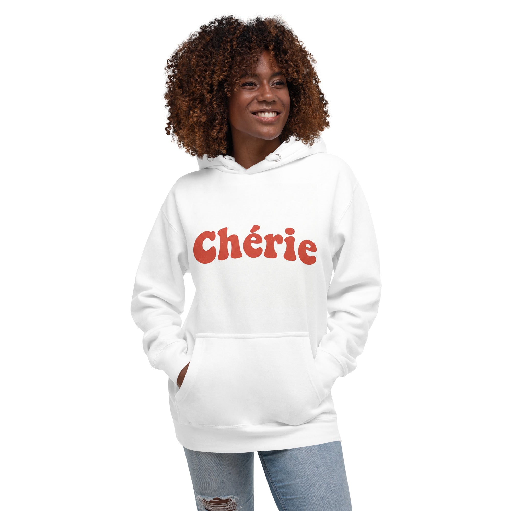 Woman modeling Chérie white hoodie