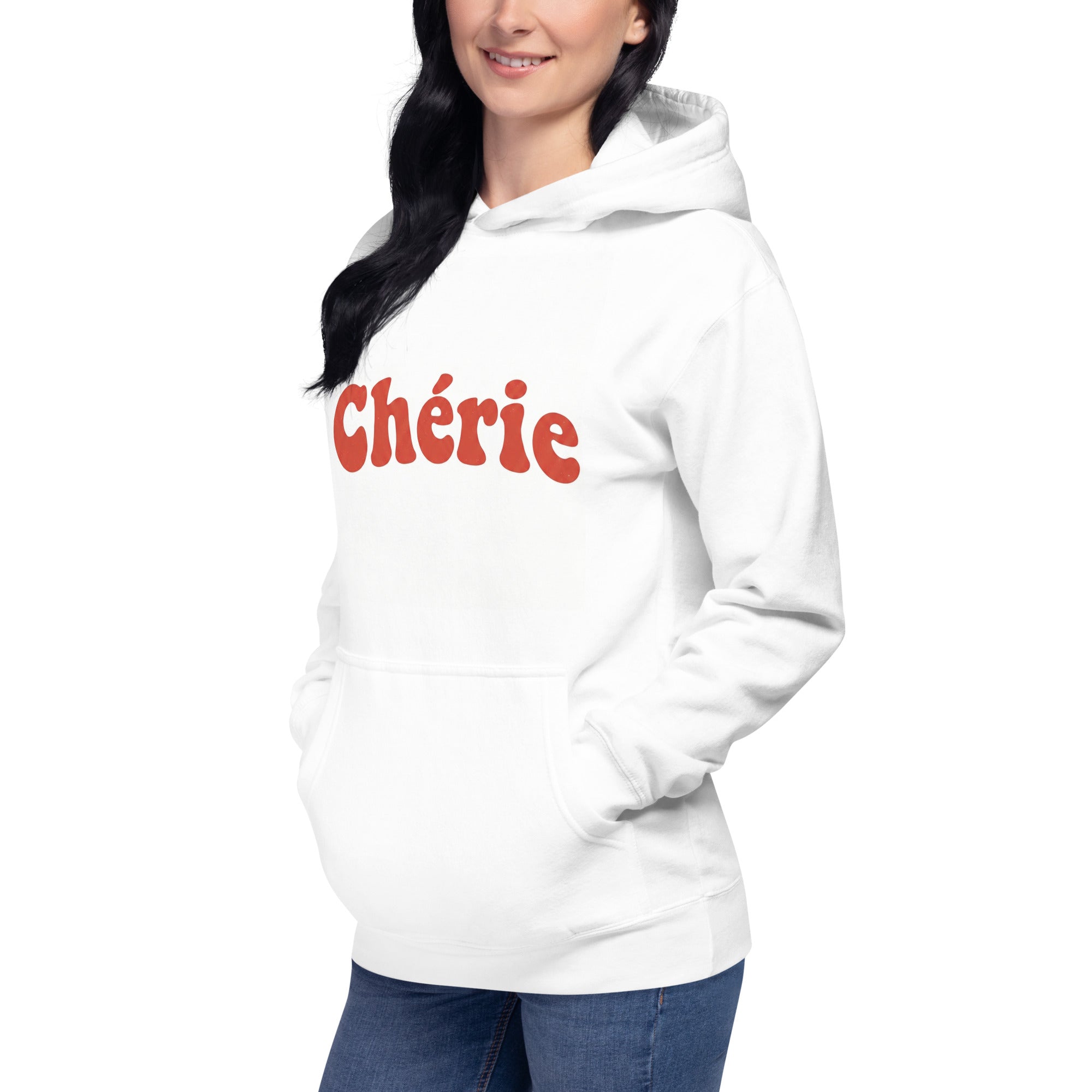Woman modeling Chérie white hoodie