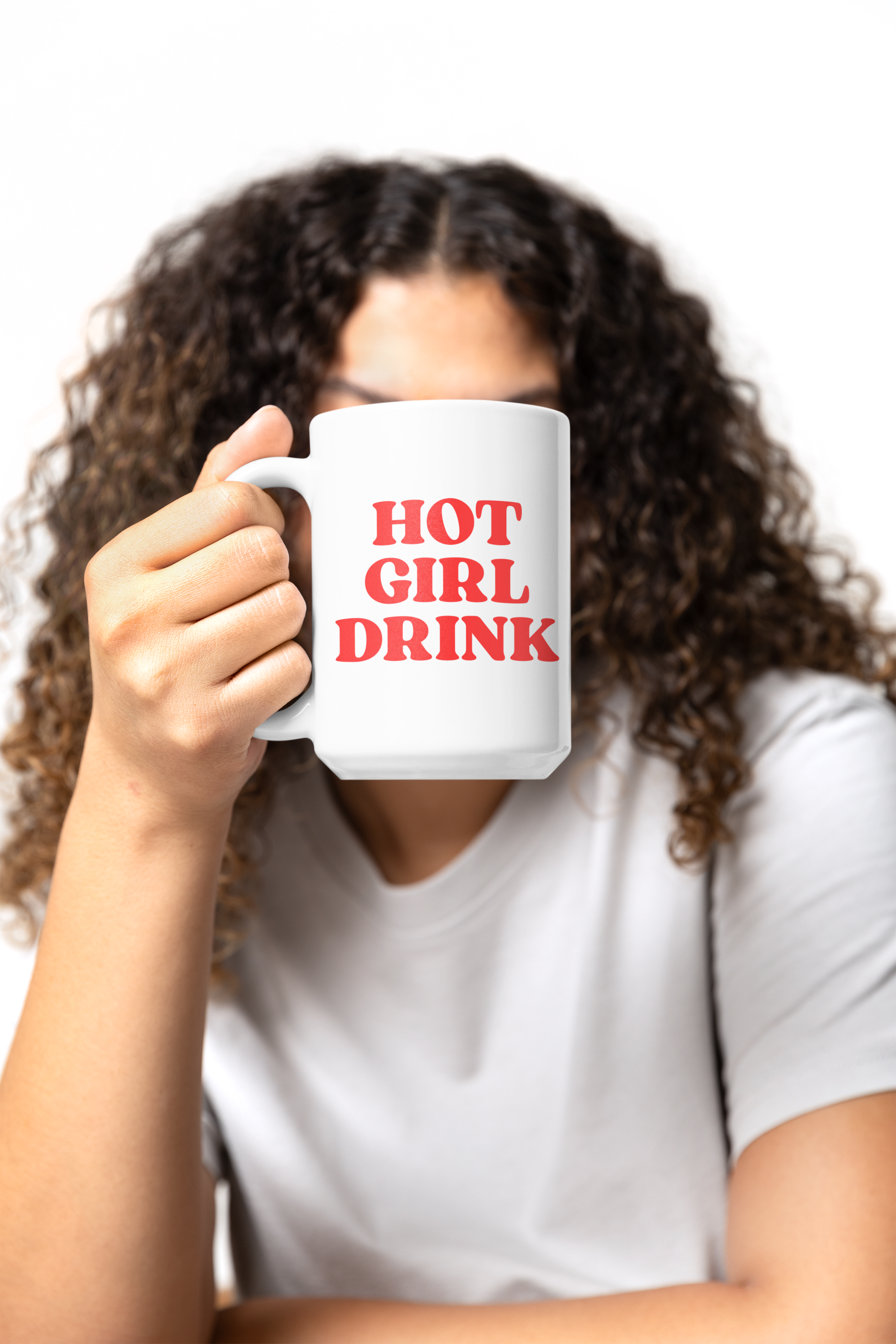 Hot Girl drink mug featuring a blurry curly haired woman in the background