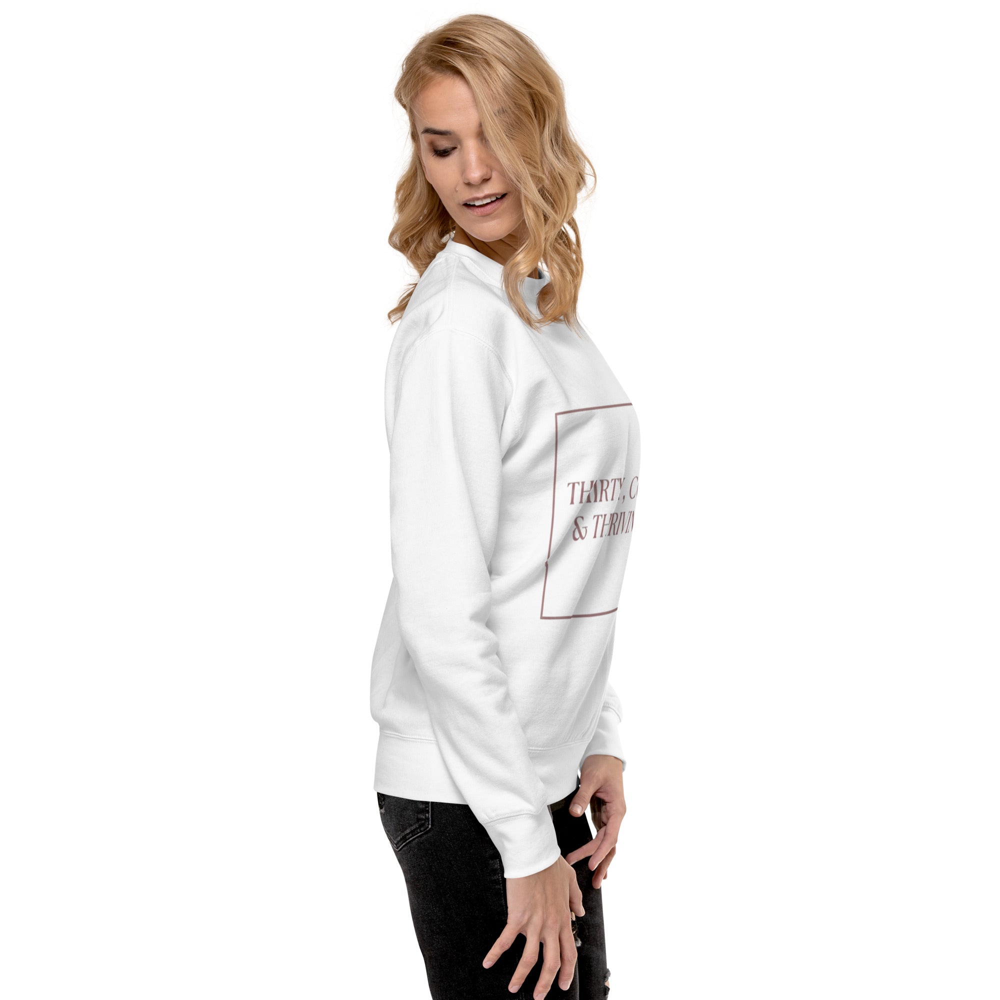 woman modeling fun white sweatshirt