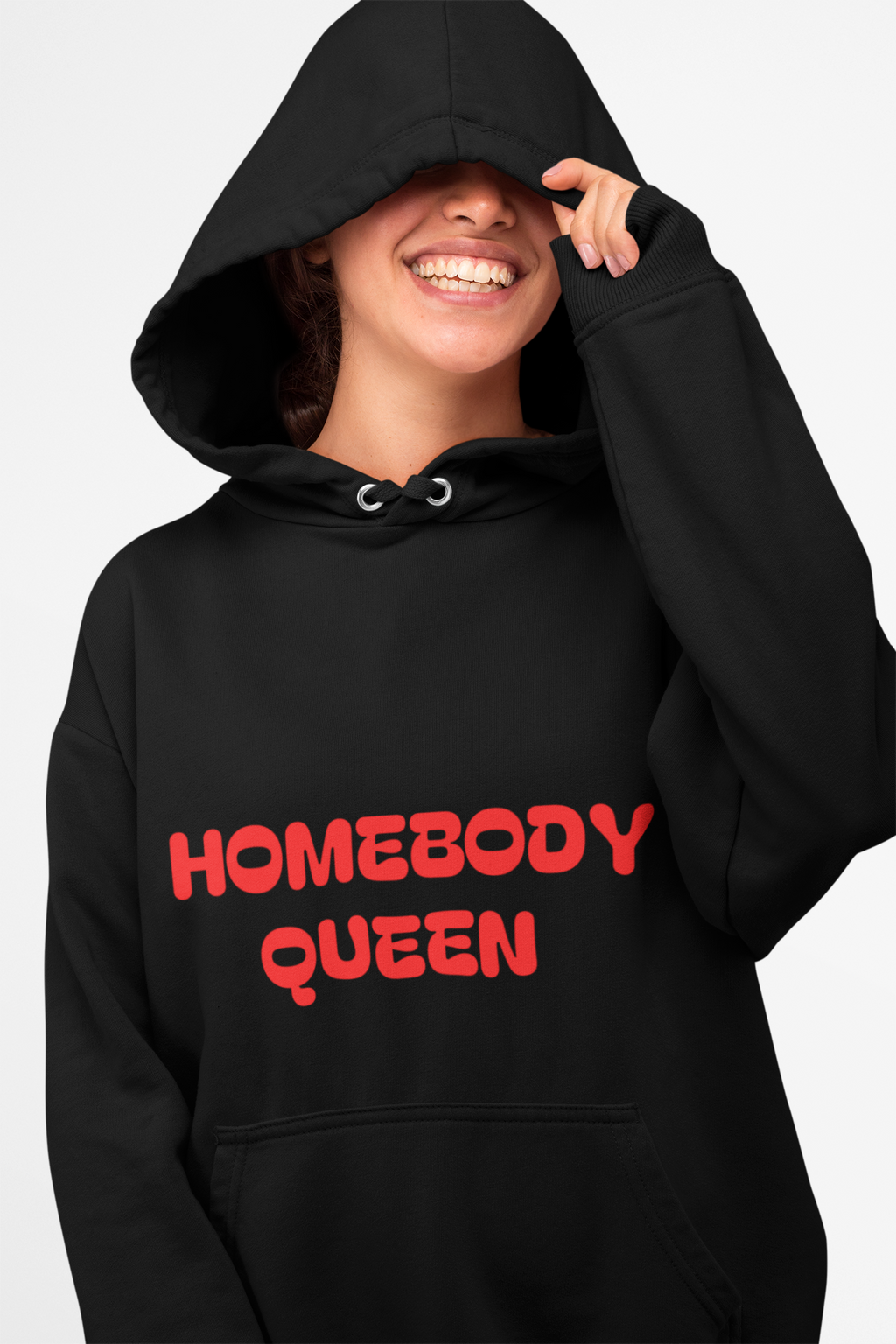 black pullover hoodie featuring a smiling young woman
