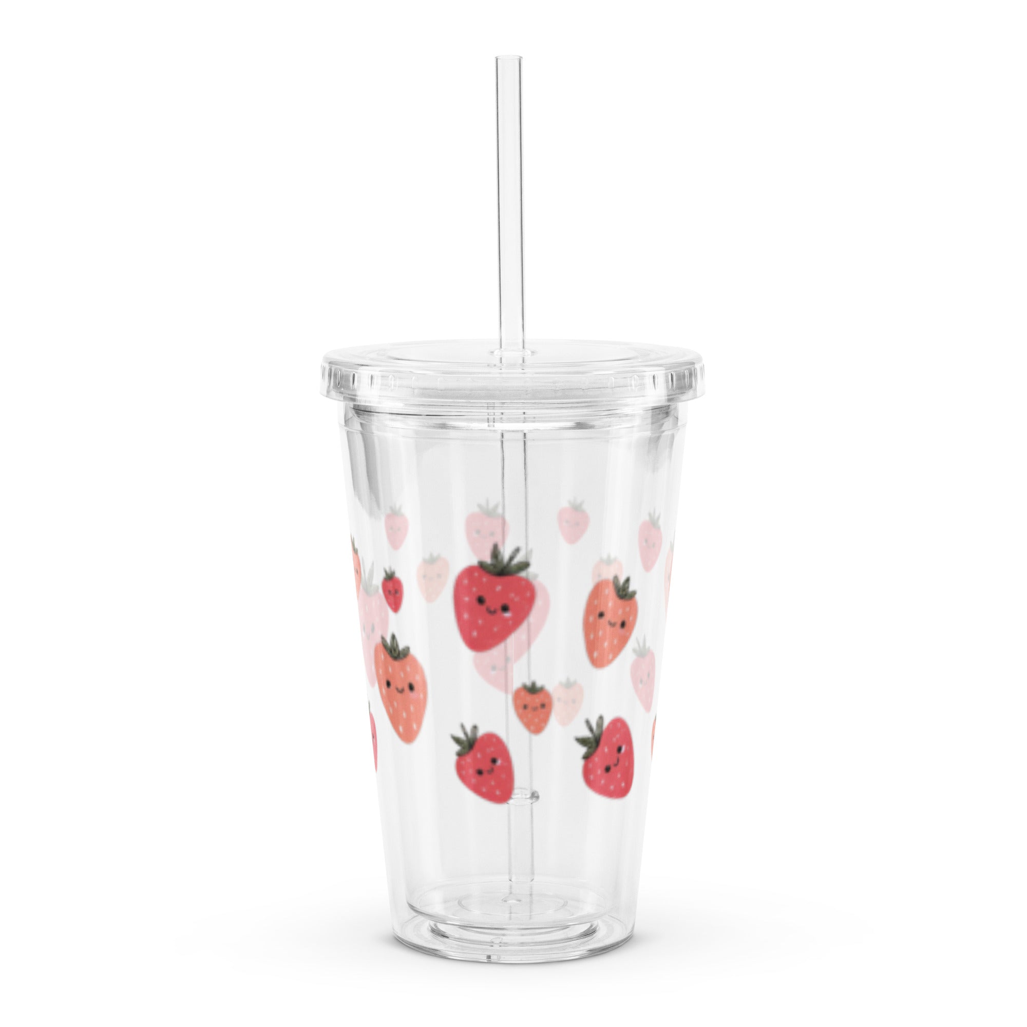 Clear plastic tumbler with cute strawberry drawings