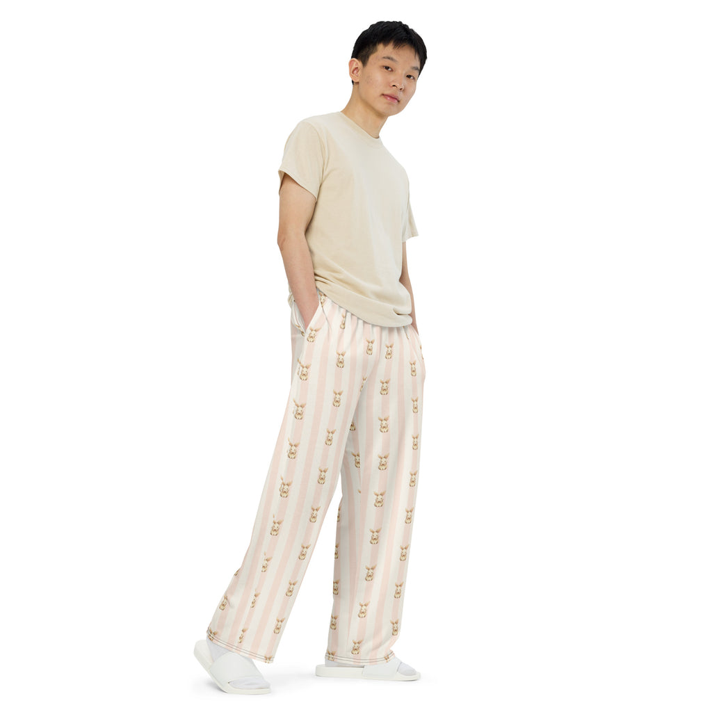 man wearing Lounge wear beige and pink bunny wide leg pants