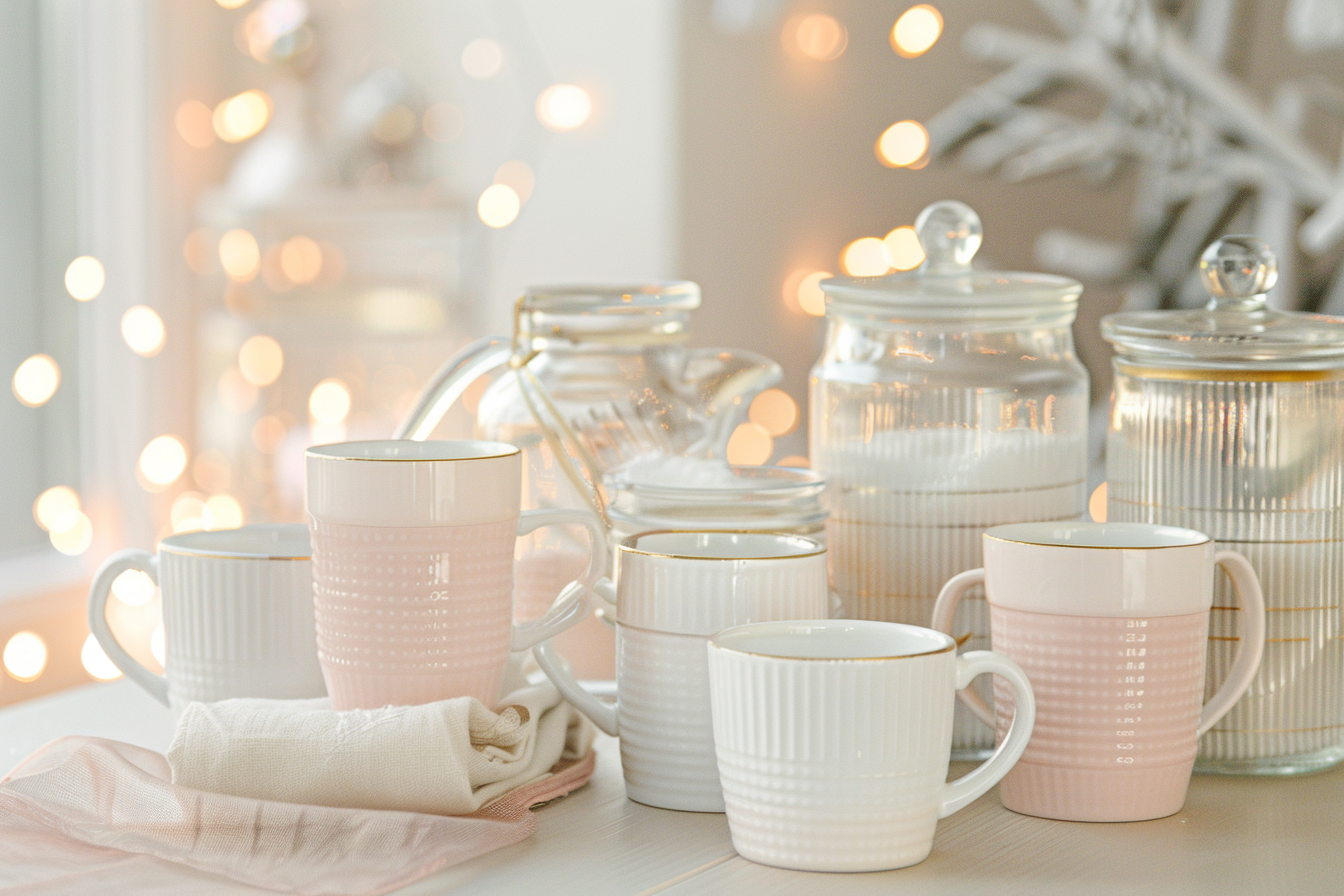 Collection de mugs roses et blancs disposés sur une table lumineuse, créant une ambiance douce et cocooning avec des reflets dorés et des lumières floues en arrière-plan.