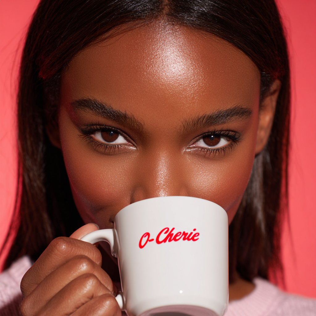 Femme tenant une tasse blanche avec l’inscription rouge « Ô Chérie », sur un fond rose vif, dans une ambiance douce et moderne.